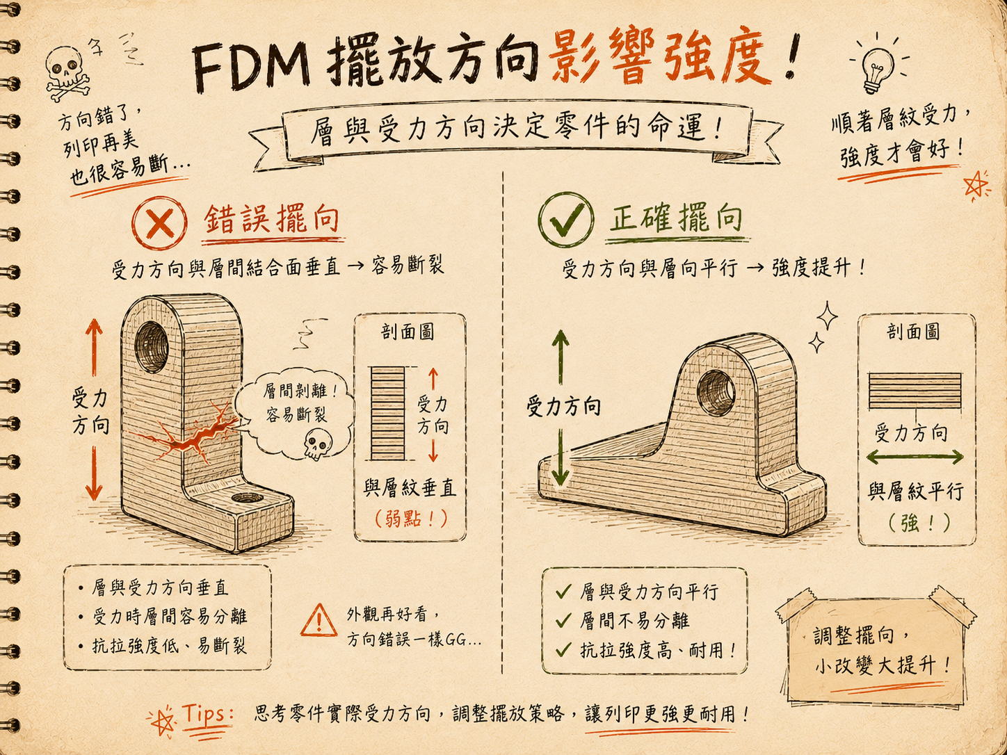 FDM 擺放方向影響強度示意圖