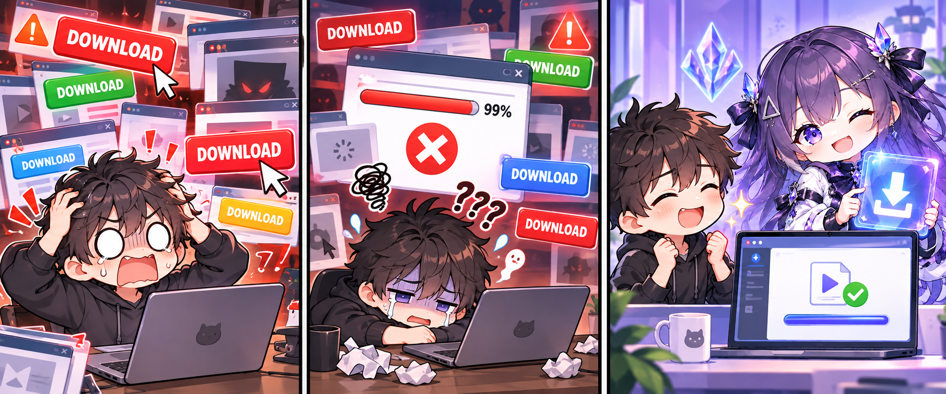 三格漫畫：假下載按鈕與廣告、解析失敗，最後使用 Downloader 整理素材